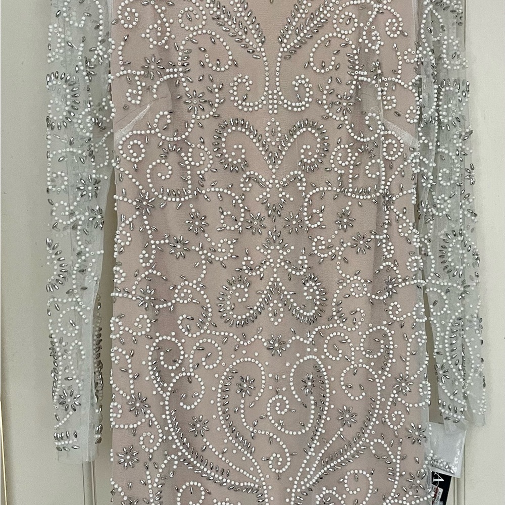 Xscape Silver Embellished Long Sleeve Dress
